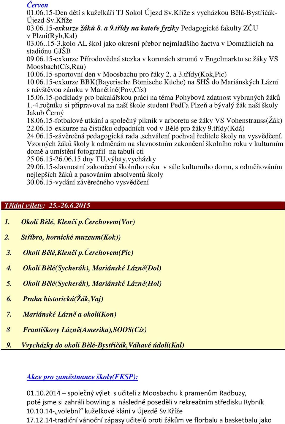 a 3.třídy(Kok,Pic) 10.06.15-exkurze BBK(Bayerische Bömische Küche) na SHŠ do Mariánských Lázní s návštěvou zámku v Manětíně(Pov,Cís) 15.06.15-podklady pro bakalářskou práci na téma Pohybová zdatnost vybraných žáků 1.