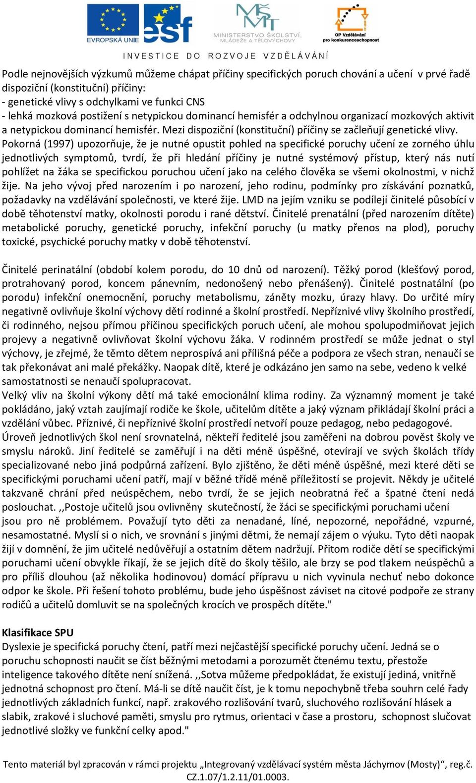 Pokorná (1997) upozorňuje, že je nutné opustit pohled na specifické poruchy učení ze zorného úhlu jednotlivých symptomů, tvrdí, že při hledání příčiny je nutné systémový přístup, který nás nutí