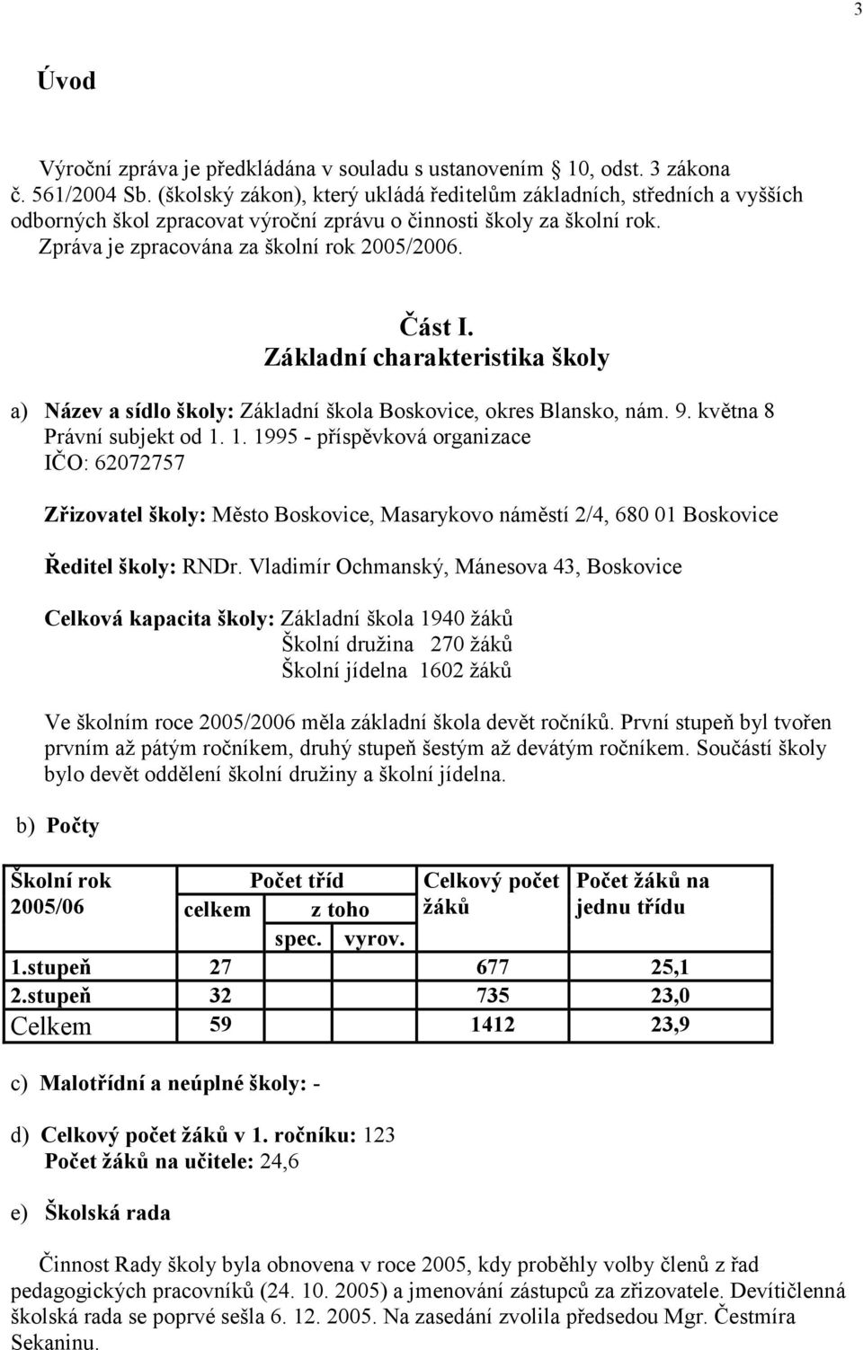 Základní charakteristika školy a) Název a sídlo školy: Základní škola Boskovice, okres Blansko, nám. 9. května 8 Právní subjekt od 1.