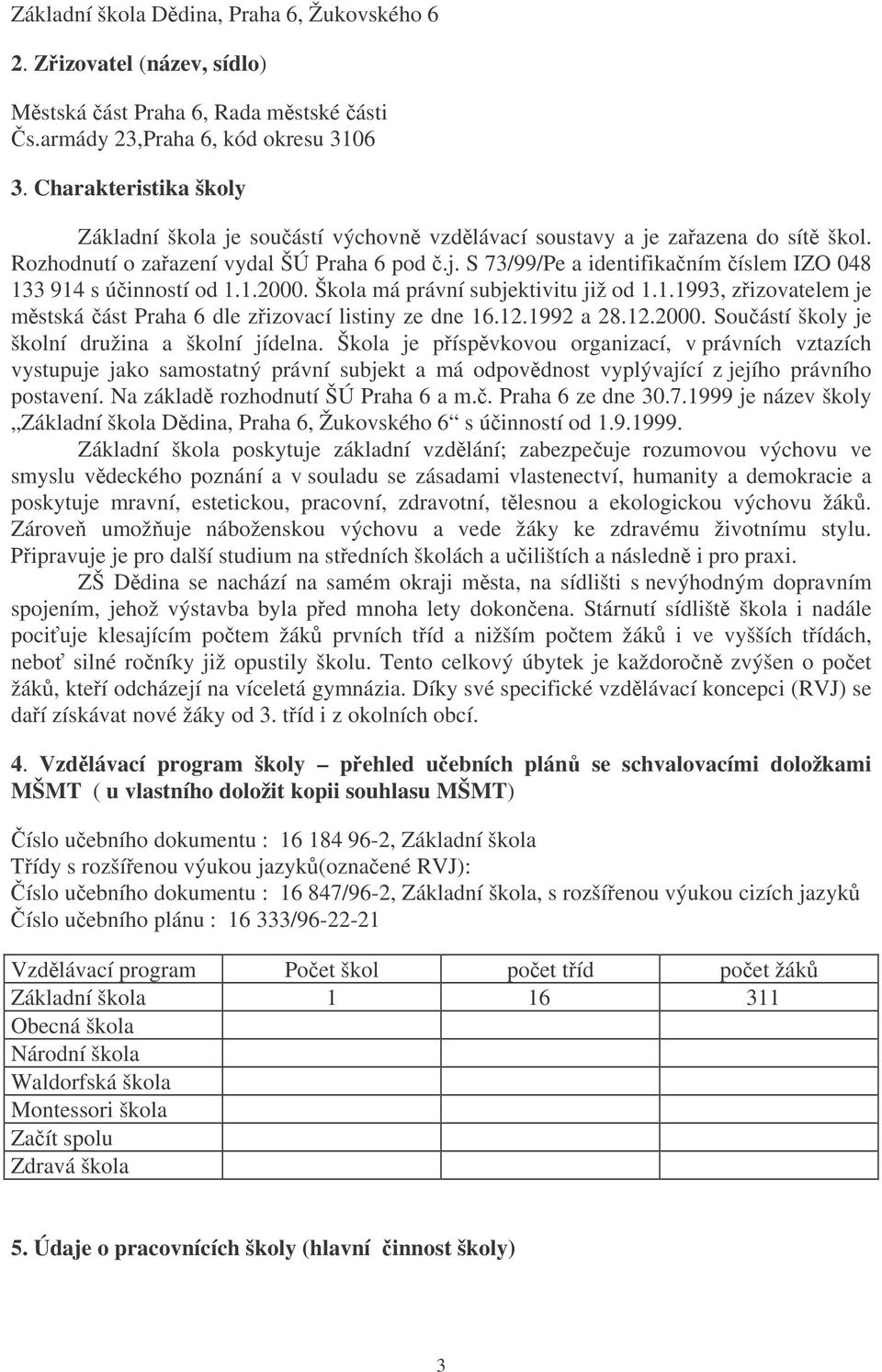 1.2000. Škola má právní subjektivitu již od 1.1.1993, zizovatelem je mstská ást Praha 6 dle zizovací listiny ze dne 16.12.1992 a 28.12.2000. Souástí školy je školní družina a školní jídelna.