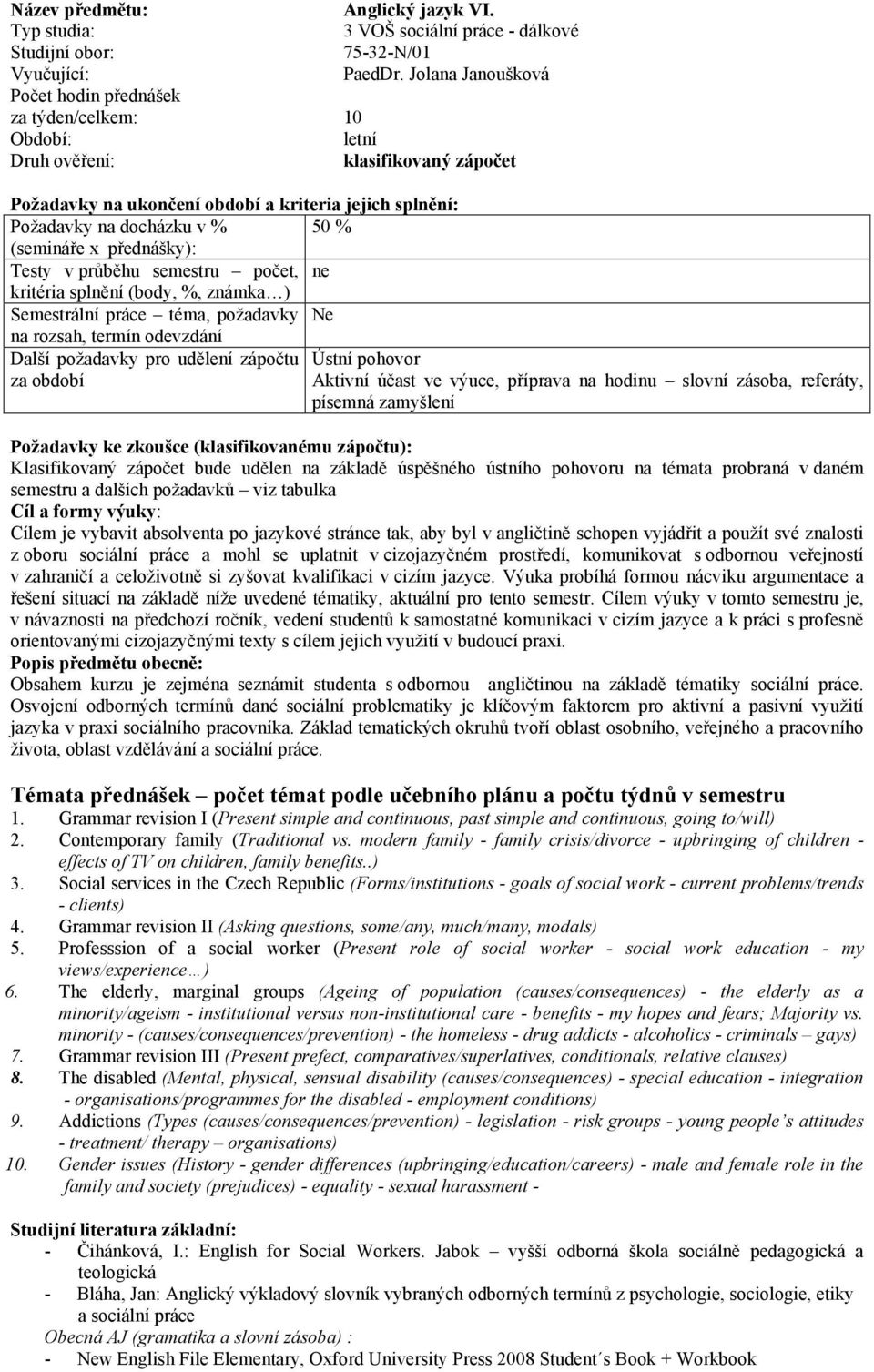 Ústní pohovor Aktivní účast ve výuce, příprava na hodinu slovní zásoba, referáty, písemná zamyšlení Požadavky ke zkoušce (klasifikovanému zápočtu): Klasifikovaný zápočet bude udělen na základě