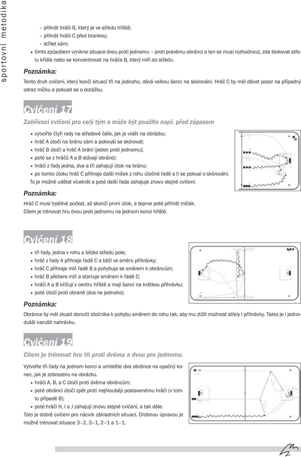 Hráč C by měl dávat pozor na případný odraz míčku a pokusit se o dorážku. Cvičení 17 Zahřívací cvičení pro celý tým a může být použito např.
