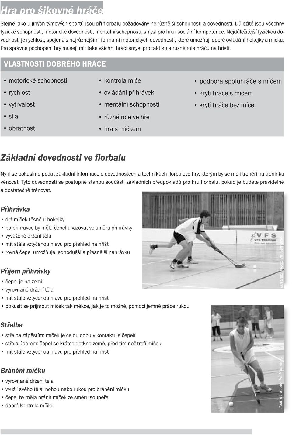Nejdůležitější fyzickou dovedností je rychlost, spojená s nejrůznějšími formami motorických dovedností, které umožňují dobré ovládání hokejky a míčku.