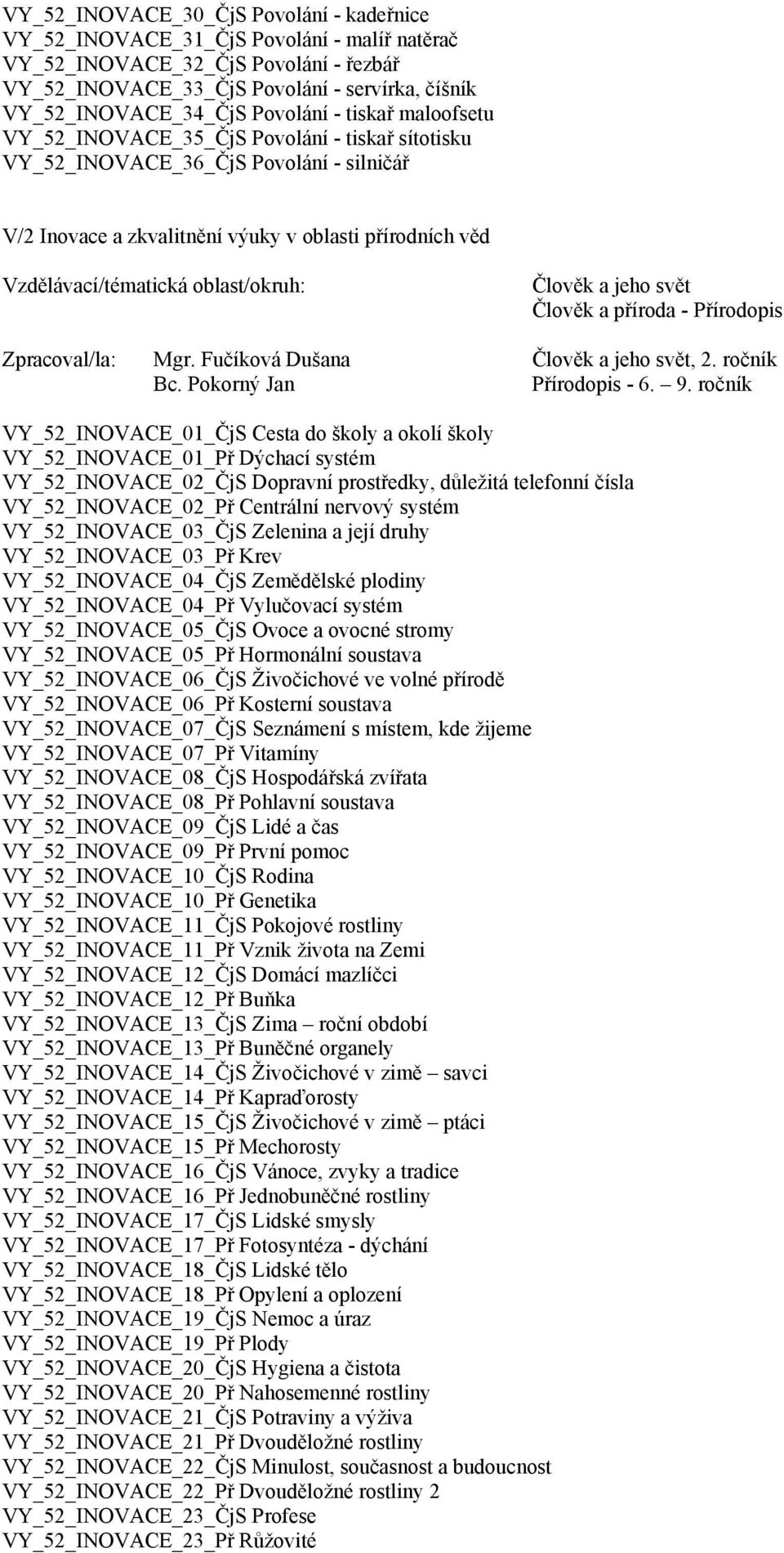 Člověk a příroda - Přírodopis Zpracoval/la: Mgr. Fučíková Dušana Člověk a jeho svět, 2. ročník Bc. Pokorný Jan Přírodopis - 6. 9.