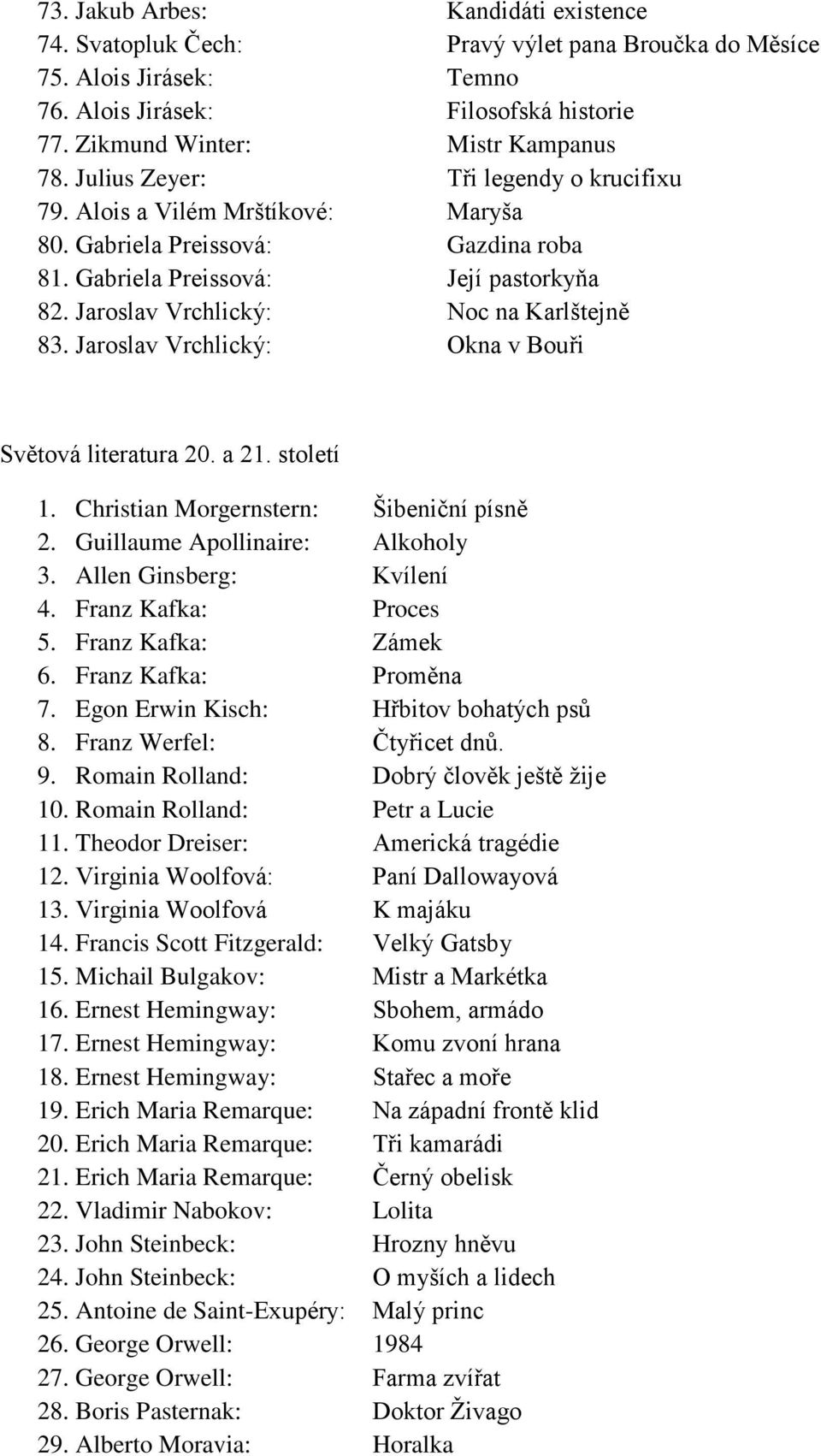 Jaroslav Vrchlický: Okna v Bouři Světová literatura 20. a 21. století 1. Christian Morgernstern: Šibeniční písně 2. Guillaume Apollinaire: Alkoholy 3. Allen Ginsberg: Kvílení 4. Franz Kafka: Proces 5.