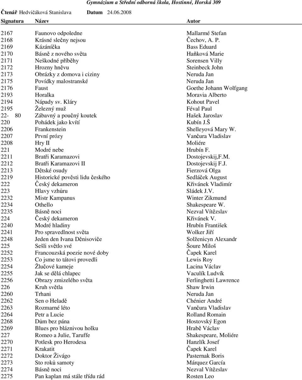 malostranské Neruda Jan 2176 Faust Goethe Johann Wolfgang 2193 Horalka Moravia Alberto 2194 Nápady sv.