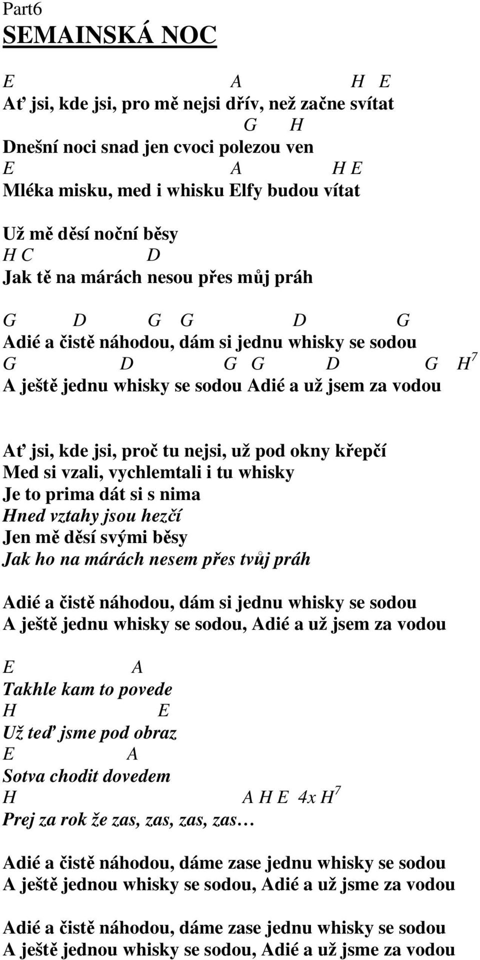 nejsi, už pod okny křepčí Med si vzali, vychlemtali i tu whisky Je to prima dát si s nima Hned vztahy jsou hezčí Jen mě děsí svými běsy Jak ho na márách nesem přes tvůj práh Adié a čistě náhodou, dám