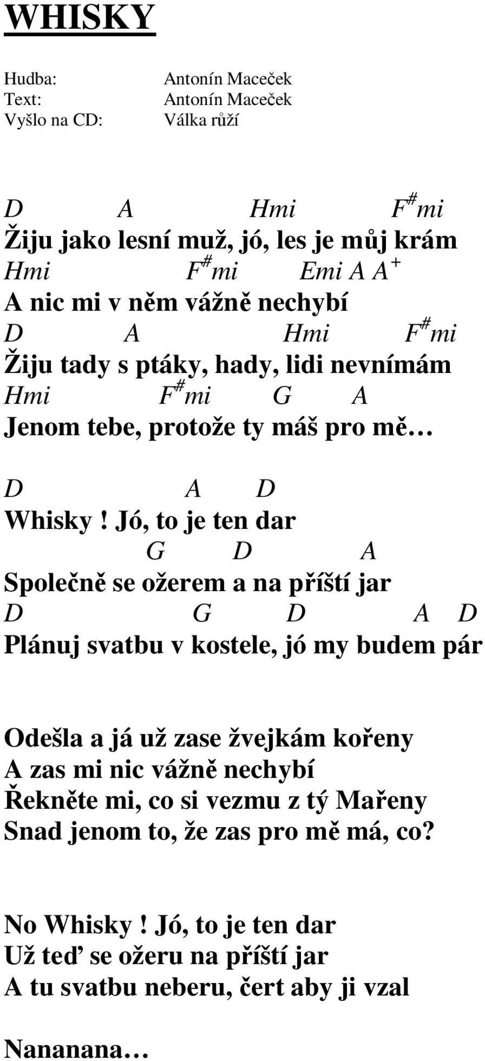 Jó, to je ten dar G D A Společně se ožerem a na příští jar D G D A D Plánuj svatbu v kostele, jó my budem pár Odešla a já už zase žvejkám kořeny