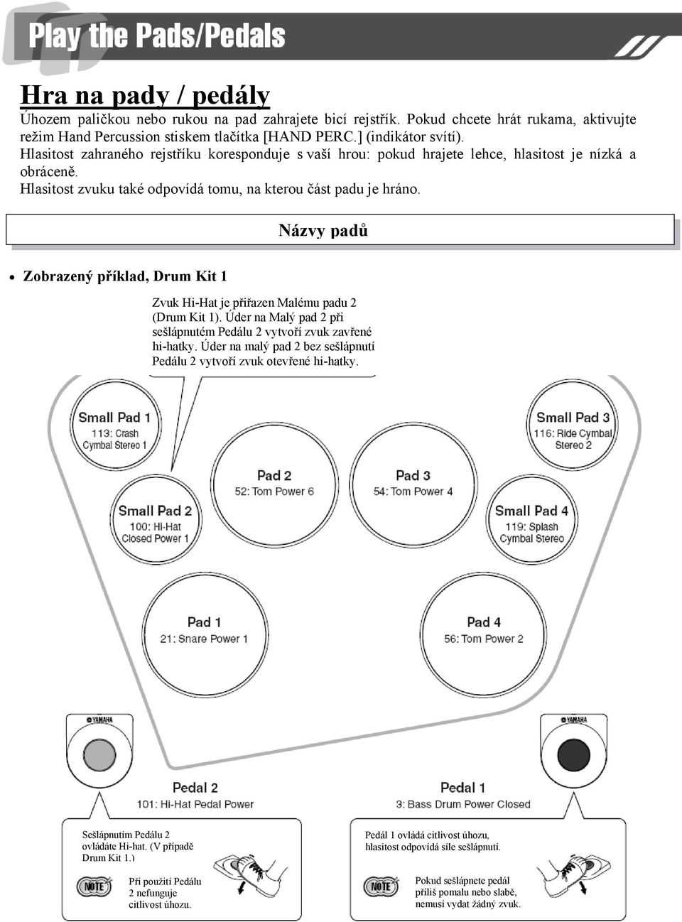Názvy padů Zobrazený příklad, Drum Kit 1 Zvuk Hi-Hat je přiřazen Malému padu 2 (Drum Kit 1). Úder na Malý pad 2 při sešlápnutém Pedálu 2 vytvoří zvuk zavřené hi-hatky.