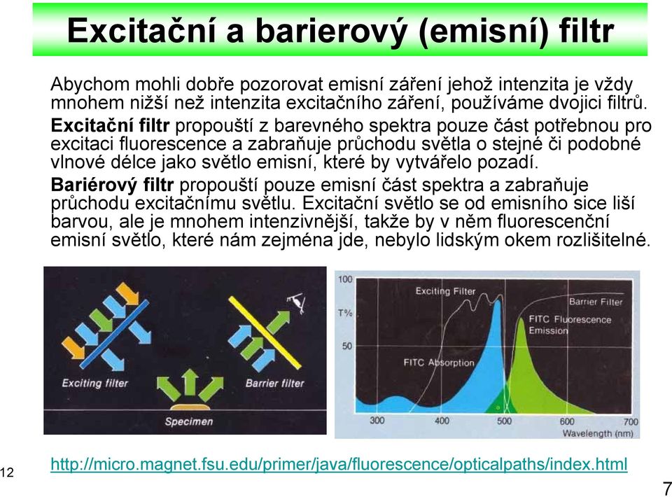 vytvářelo pozadí. Bariérový filtr propouští pouze emisní část spektra a zabraňuje průchodu excitačnímu světlu.