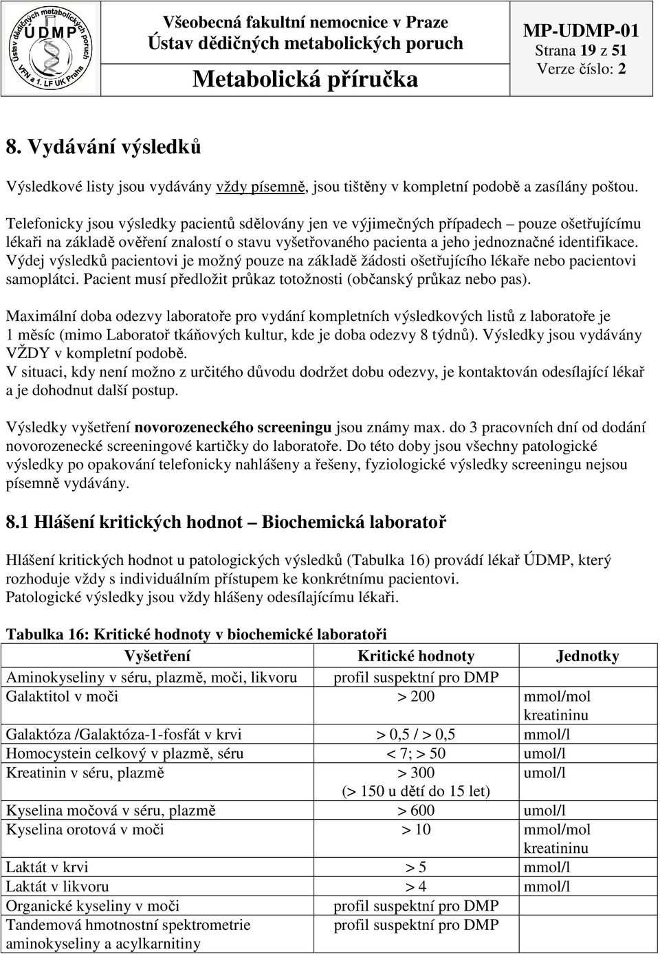 Výdej výsledků pacientovi je možný pouze na základě žádosti ošetřujícího lékaře bo pacientovi samoplátci. Pacient musí předložit průkaz totožnosti (občanský průkaz bo pas).