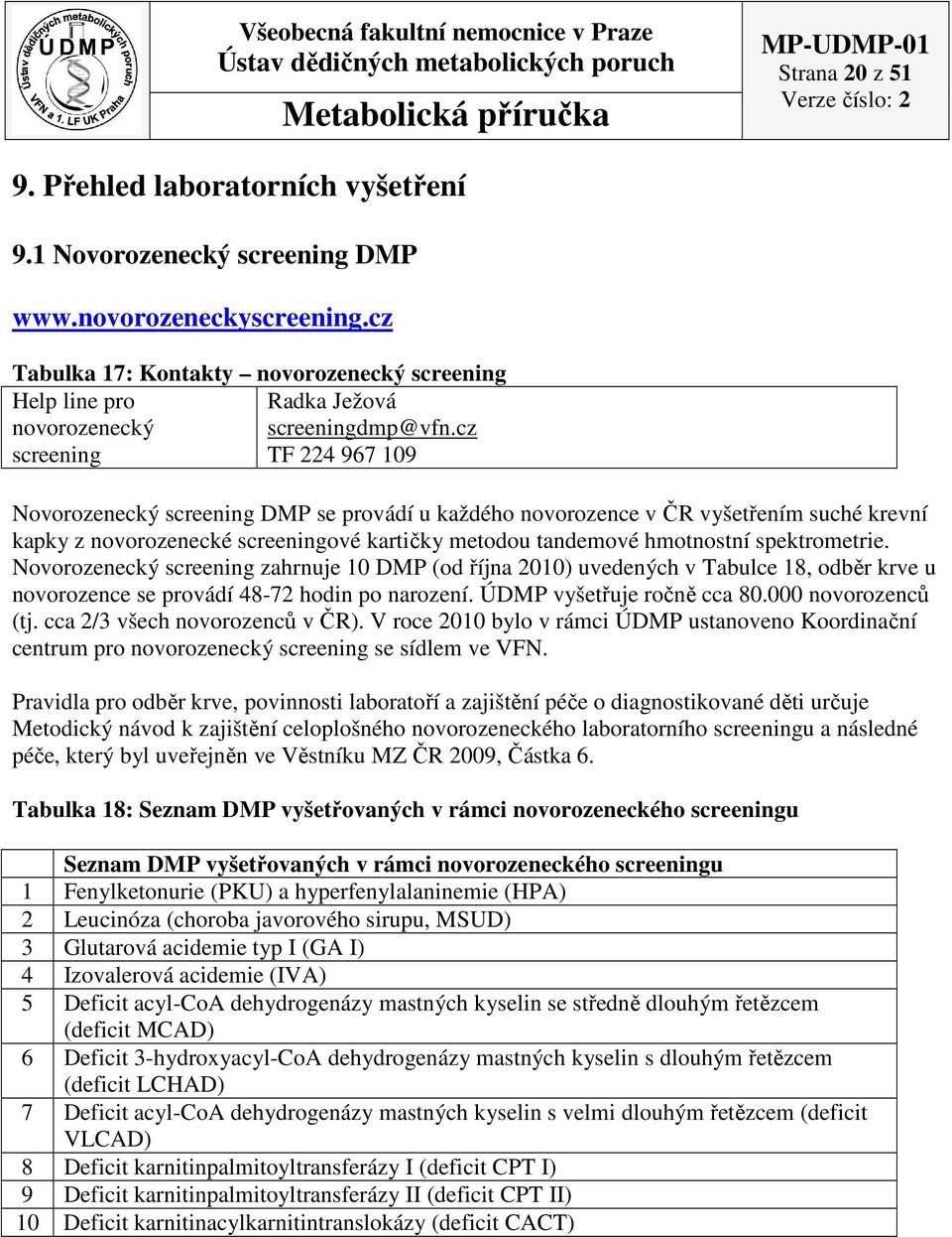 cz screening TF 224 967 109 Novorozecký screening DMP se provádí u každého novorozence v ČR vyšetřením suché krevní kapky z novorozecké screeningové kartičky metodou tandemové hmotnostní