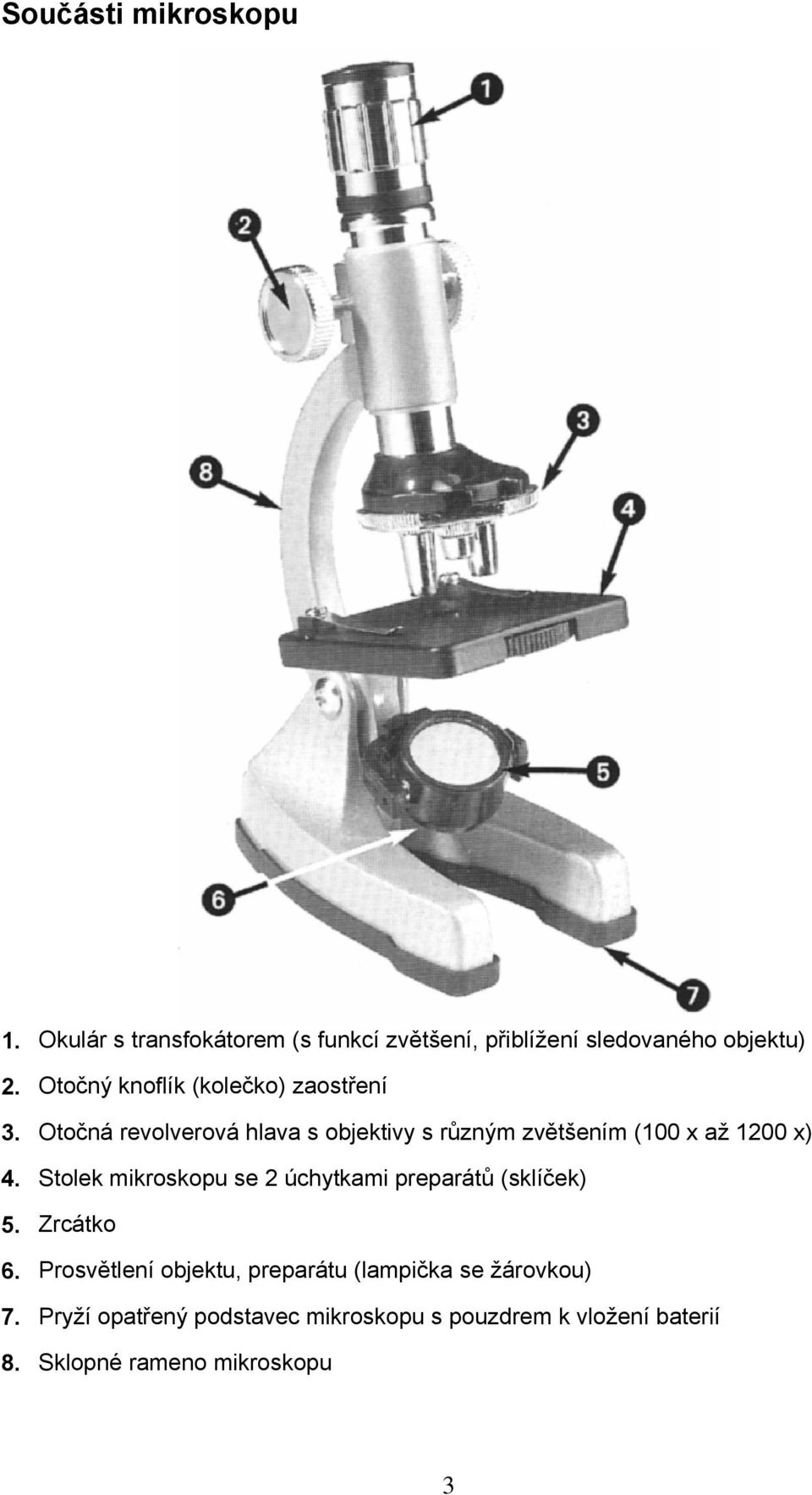 Otočná revolverová hlava s objektivy s různým zvětšením (100 x až 1200 x) 4.