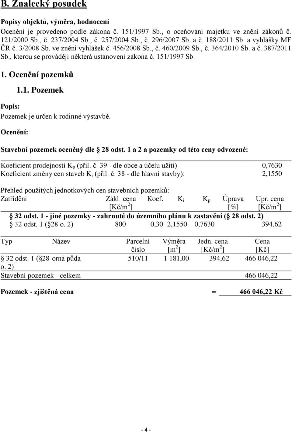 1. Pozemek Popis: Pozemek je určen k rodinné výstavbě. Ocenění: Stavební pozemek oceněný dle 28 odst. 1 a 2 a pozemky od této ceny odvozené: Koeficient prodejnosti K p (příl. č.