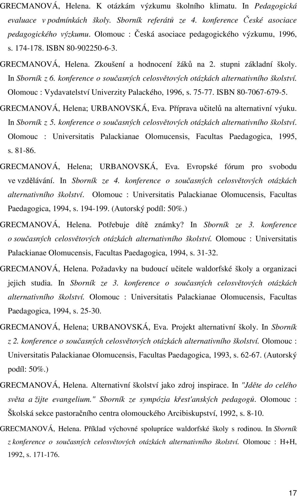 konference o současných celosvětových otázkách alternativního školství. Olomouc : Vydavatelství Univerzity Palackého, 1996, s. 75-77. ISBN 80-7067-679-5. GRECMANOVÁ, Helena; URBANOVSKÁ, Eva.