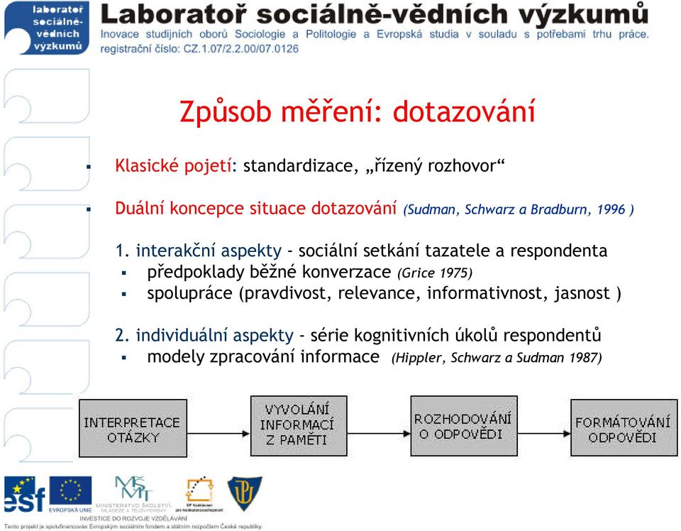 interakční aspekty - sociální setkání tazatele a respondenta předpoklady běžné konverzace (Grice 1975)