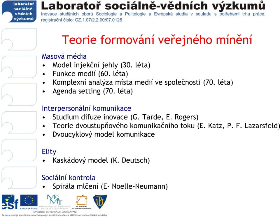 léta) Interpersonální komunikace Studium difuze inovace (G. Tarde, E.