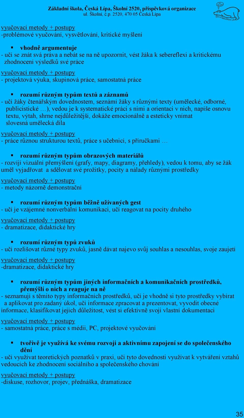 systematické práci s nimi a orientaci v nich, napíše osnovu textu, výtah, shrne nejdůležitější, dokáže emocionálně a esteticky vnímat slovesná umělecká díla - práce různou strukturou textů, práce s