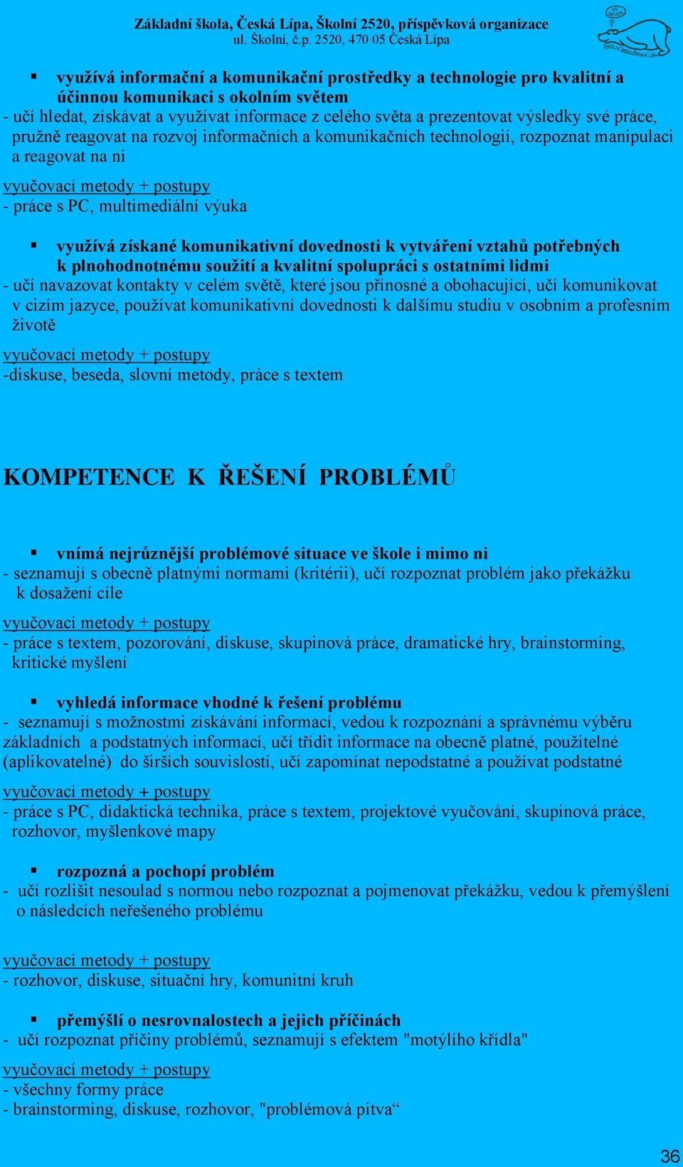 vztahů potřebných k plnohodnotnému soužití a kvalitní spolupráci s ostatními lidmi - učí navazovat kontakty v celém světě, které jsou přínosné a obohacující, učí komunikovat v cizím jazyce, používat