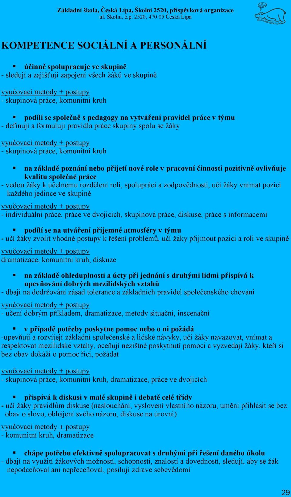 kvalitu společné práce - vedou žáky k účelnému rozdělení rolí, spolupráci a zodpovědnosti, učí žáky vnímat pozici každého jedince ve skupině - individuální práce, práce ve dvojicích, skupinová práce,