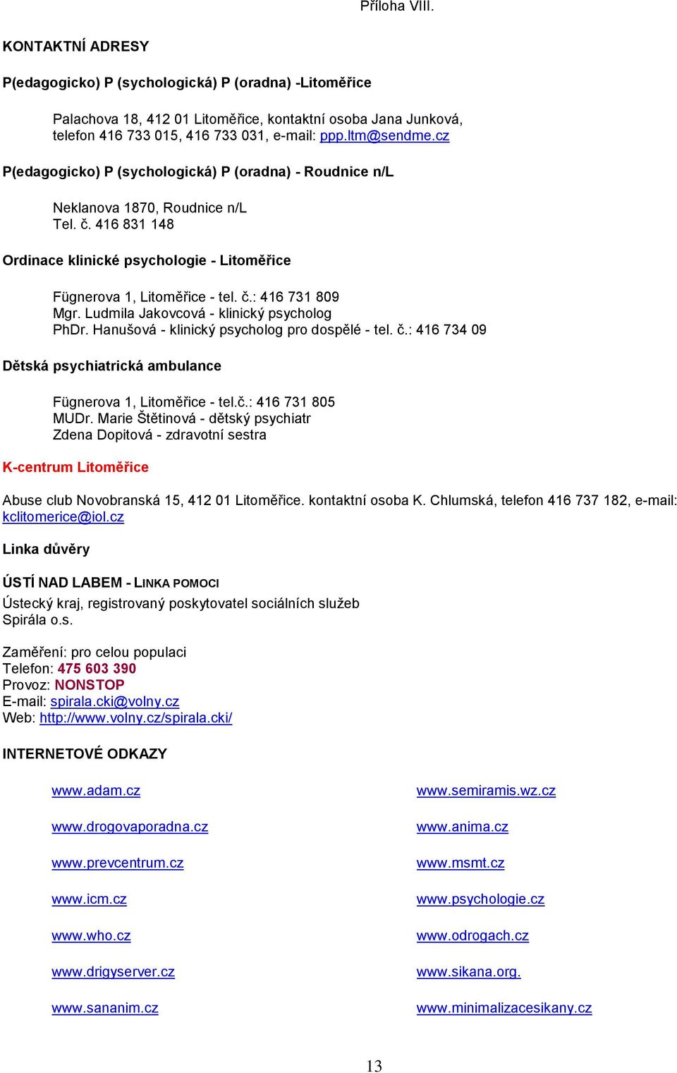 Ludmila Jakovcová - klinický psycholog PhDr. Hanušová - klinický psycholog pro dospělé - tel. č.: 416 734 09 Dětská psychiatrická ambulance Fügnerova 1, Litoměřice - tel.č.: 416 731 805 MUDr.