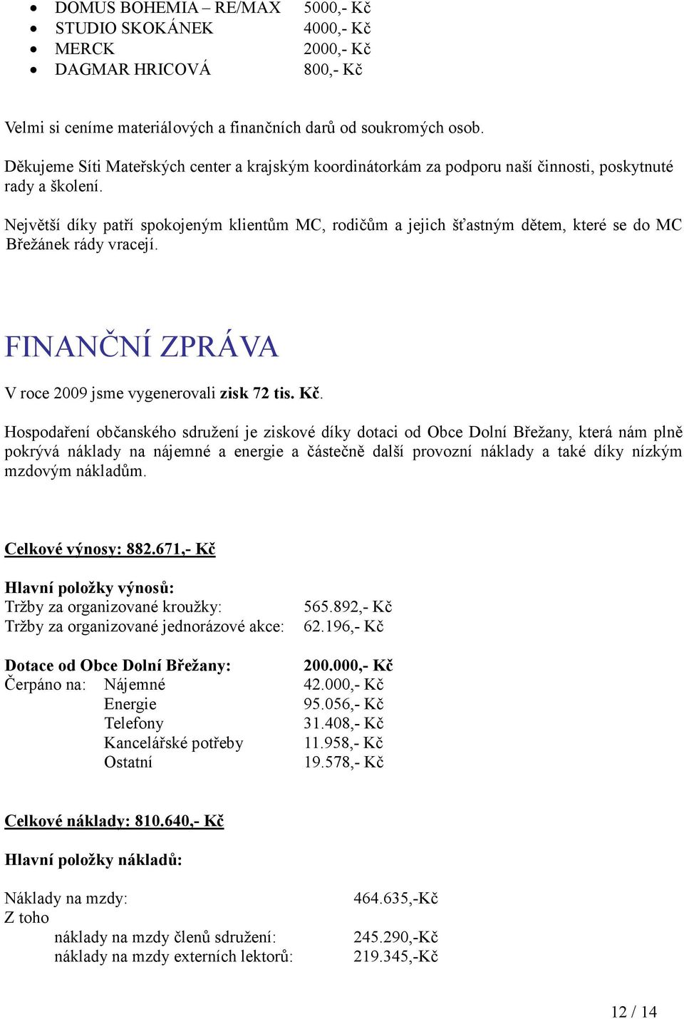 Největší díky patří spokojeným klientům MC, rodičům a jejich šťastným dětem, které se do MC Břežánek rády vracejí. FINANČNÍ ZPRÁVA V roce 2009 jsme vygenerovali zisk 72 tis. Kč.