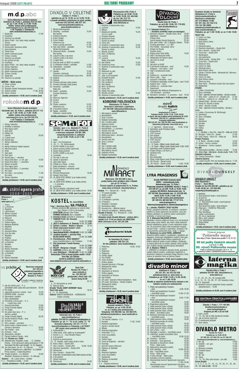 Ideální manžel 9. Konzervatoř Jaroslava Ježka 11. Anna Karenina 12. Třikrát život 13. Dobře rozehraná partie 14. Tristan a Isolda 17. Všechno na zahradě 18. Na východ od ráje 19. Postřižiny 20.