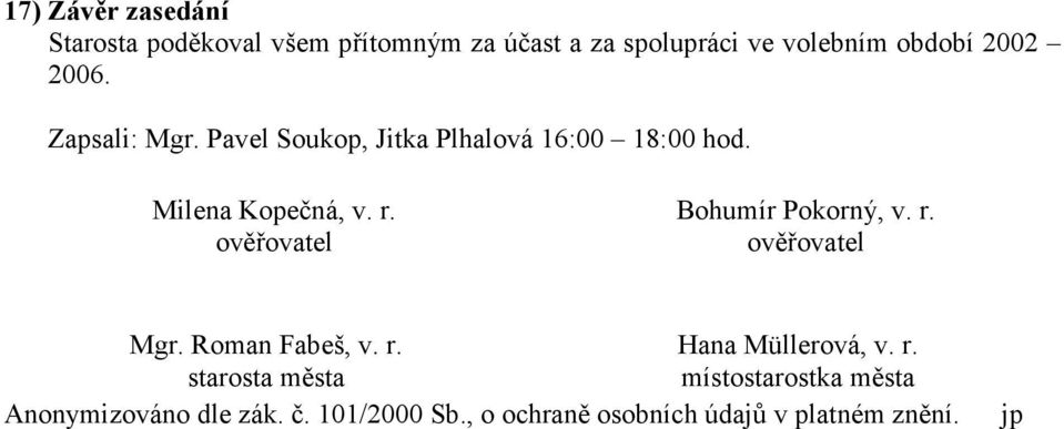 ověřovatel Bohumír Pokorný, v. r. ověřovatel Mgr. Roman Fabeš, v. r. Hana Müllerová, v. r. starosta města místostarostka města Anonymizováno dle zák.