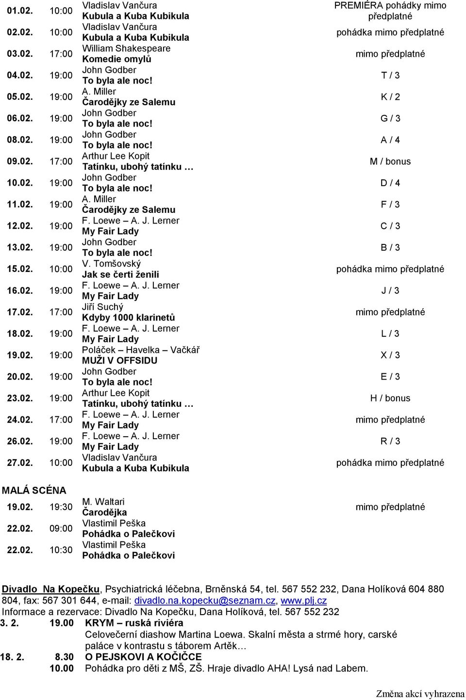 A. Miller Čarodějky ze Salemu John Godber To byla ale noc! John Godber To byla ale noc! Arthur Lee Kopit Tatínku, ubohý tatínku John Godber To byla ale noc! A. Miller Čarodějky ze Salemu F. Loewe A.