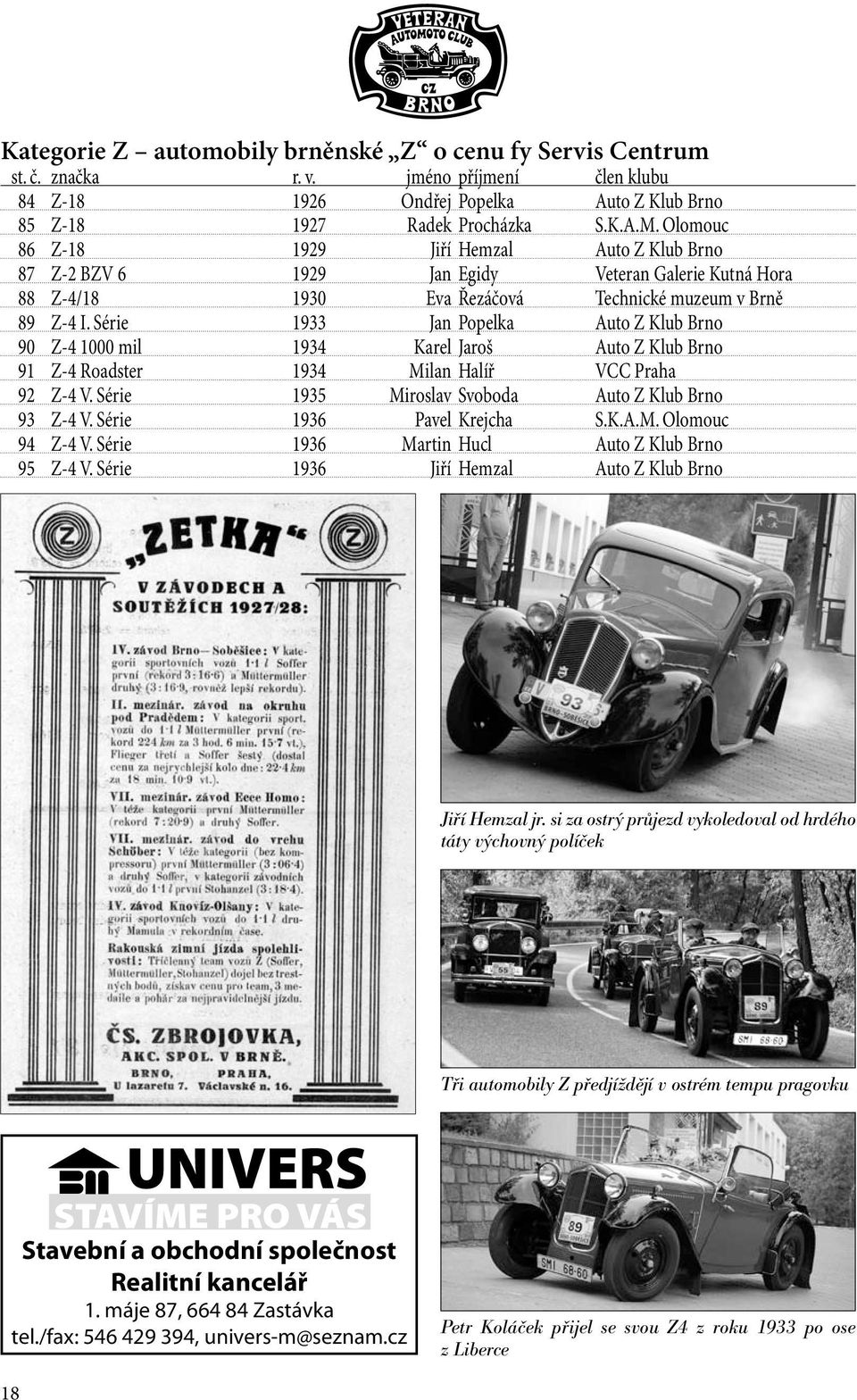 Série 1933 Jan Popelka Auto Z Klub Brno 90 Z-4 1000 mil 1934 Karel Jaroš Auto Z Klub Brno 91 Z-4 Roadster 1934 Milan Halíř VCC Praha 92 Z-4 V. Série 1935 Miroslav Svoboda Auto Z Klub Brno 93 Z-4 V.