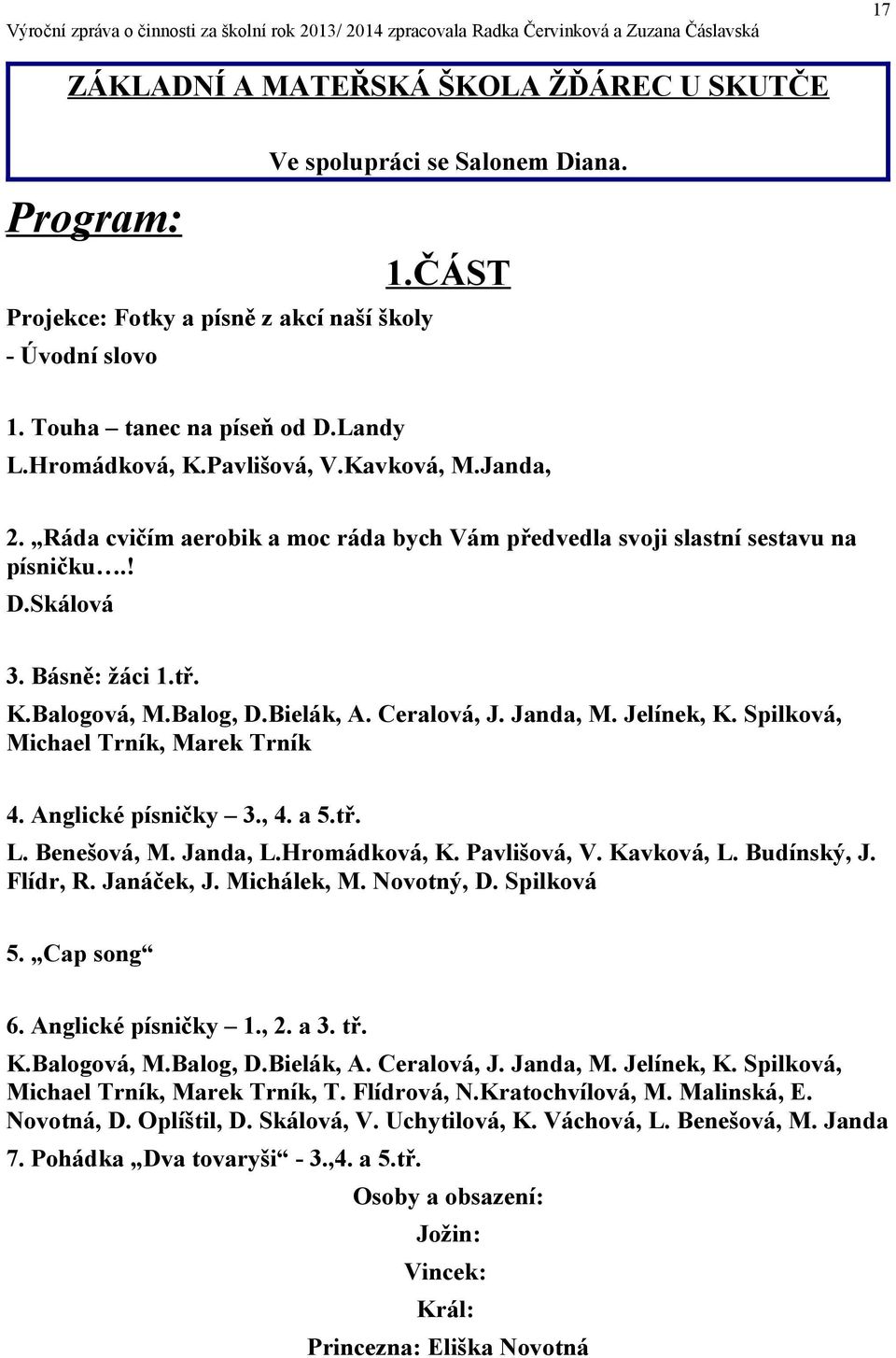 Ceralová, J. Janda, M. Jelínek, K. Spilková, Michael Trník, Marek Trník 4. Anglické písničky 3., 4. a 5.tř. L. Benešová, M. Janda, L.Hromádková, K. Pavlišová, V. Kavková, L. Budínský, J. Flídr, R.