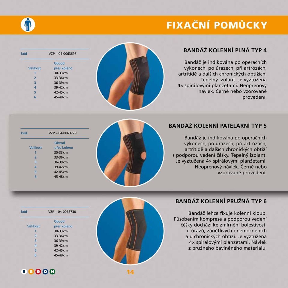 Bandáž kolenní PATELÁRNÍ typ 5 kód VZP 04-0063729 Obvod Velikost přes koleno 1 30-33 cm 2 33-36 cm 3 36-39 cm 4 39-42 cm 5 42-45 cm 6 45-48 cm Bandáž je indikována po operačních výkonech, po úrazech,