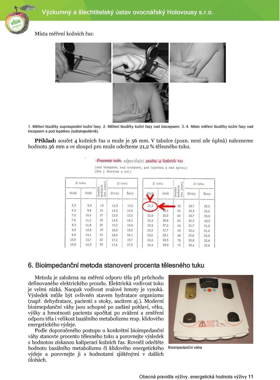 Bioimpedanční metoda stanovení procenta tělesného tuku Metoda je založena na měření odporu těla při průchodu definovaného elektrického proudu. Elektrická vodivost tuku je velmi nízká.
