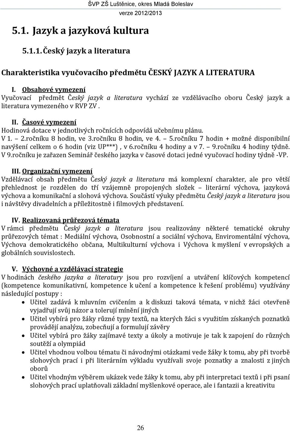 Časové vymezení Hodinová dotace v jednotlivých ročnících odpovídá učebnímu plánu. V 1. 2.ročníku 8 hodin, ve 3.ročníku 8 hodin, ve 4. 5.