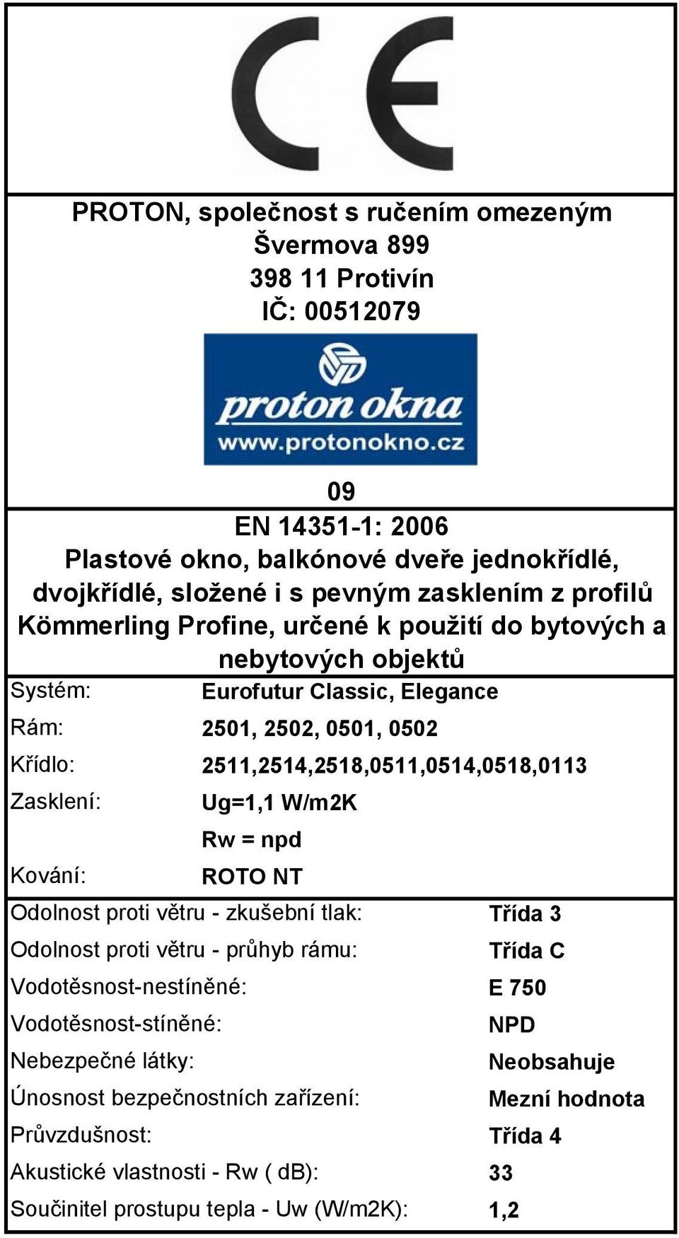 2511,2514,2518,0511,0514,0518,0113 Zasklení: Ug=1,1 W/m2K Rw = npd Kování: ROTO NT Odolnost proti větru - zkušební tlak: Odolnost proti větru - průhyb rámu: Vodotěsnost-nestíněné: