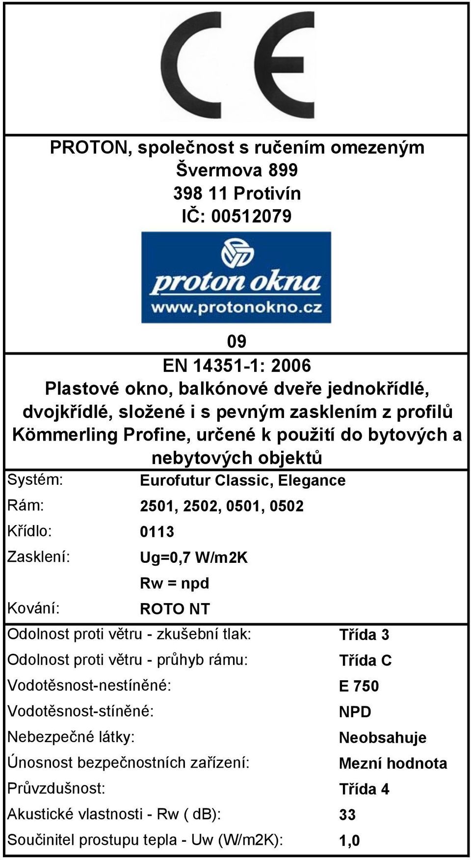 Ug=0,7 W/m2K Rw = npd Kování: ROTO NT Odolnost proti větru - zkušební tlak: Odolnost proti větru - průhyb rámu: Vodotěsnost-nestíněné: Vodotěsnost-stíněné: Nebezpečné látky: