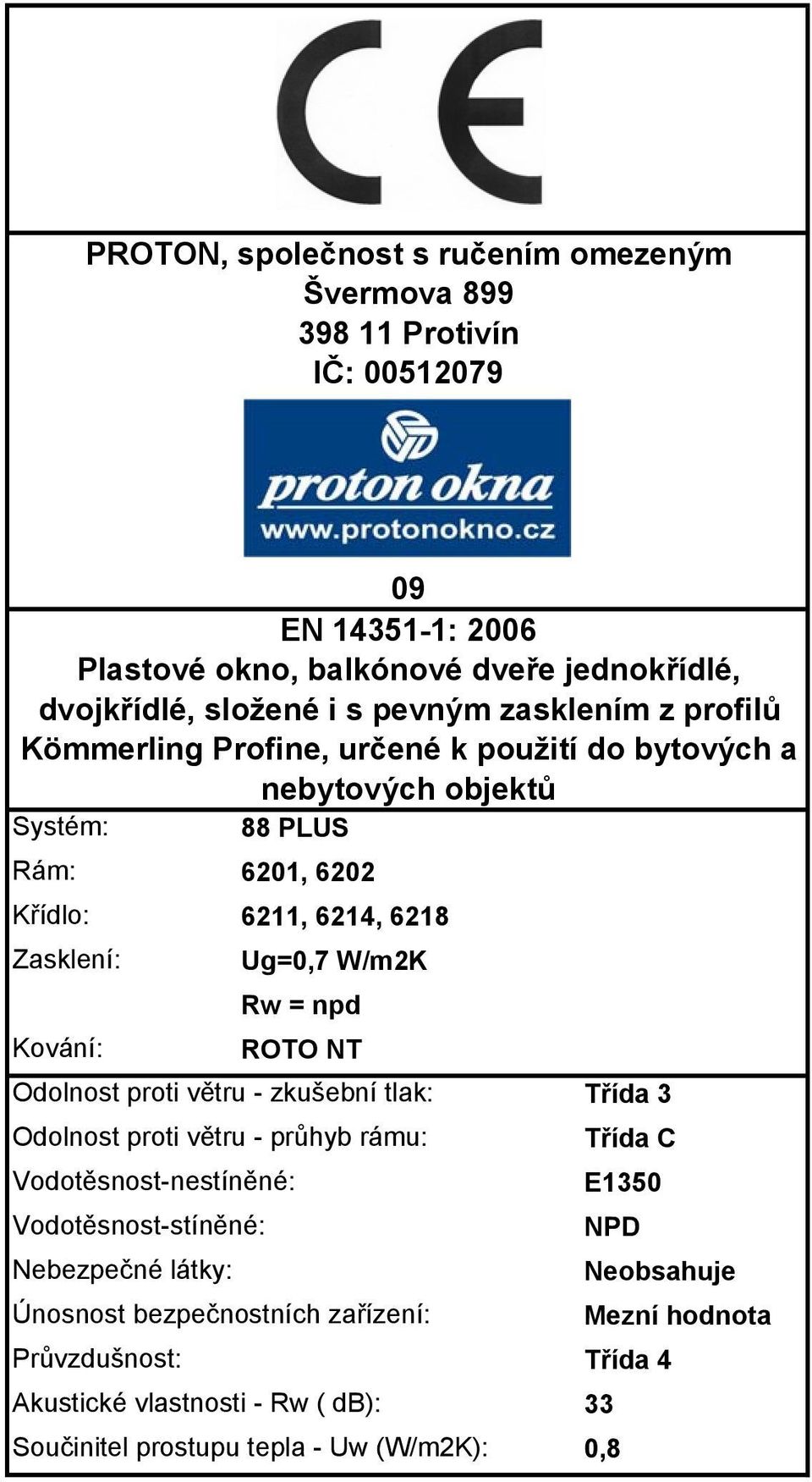 W/m2K Rw = npd Kování: ROTO NT Odolnost proti větru - zkušební tlak: Odolnost proti větru - průhyb rámu: Vodotěsnost-nestíněné: Vodotěsnost-stíněné: Nebezpečné látky: