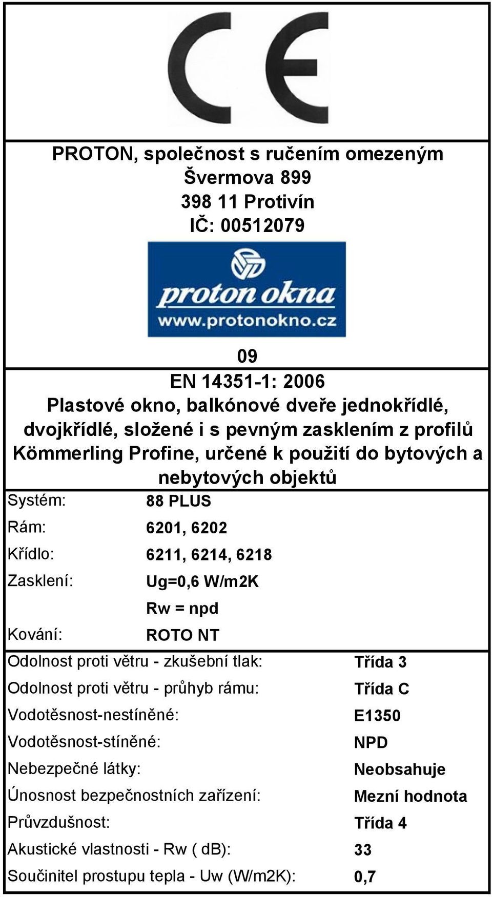 W/m2K Rw = npd Kování: ROTO NT Odolnost proti větru - zkušební tlak: Odolnost proti větru - průhyb rámu: Vodotěsnost-nestíněné: Vodotěsnost-stíněné: Nebezpečné látky: