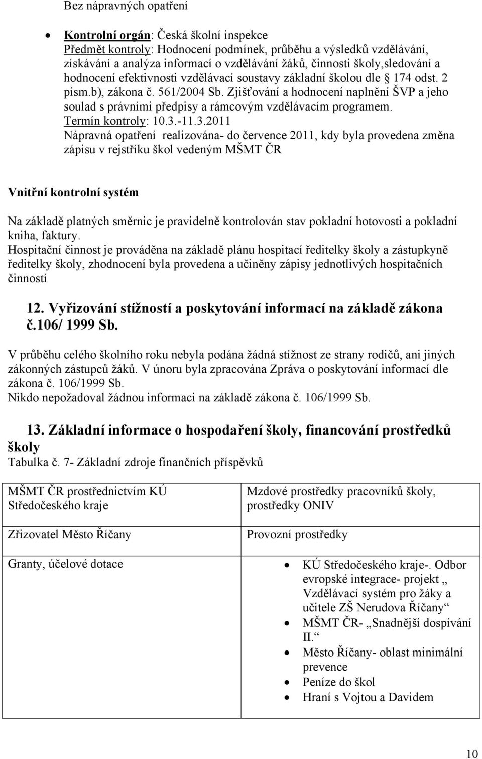 Zjišťování a hodnocení naplnění ŠVP a jeho soulad s právními předpisy a rámcovým vzdělávacím programem. Termín kontroly: 10.3.