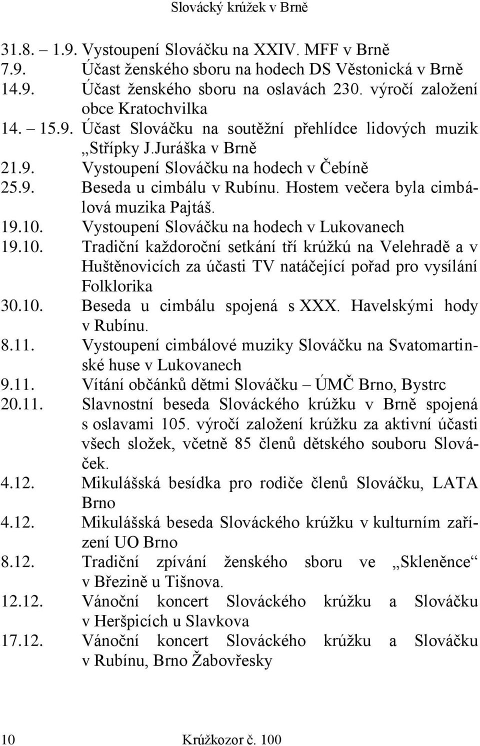 Vystoupení Slováčku na hodech v Lukovanech 19.10. Tradiční každoroční setkání tří krúžkú na Velehradě a v Huštěnovicích za účasti TV natáčející pořad pro vysílání Folklorika 30.10. Beseda u cimbálu spojená s XXX.