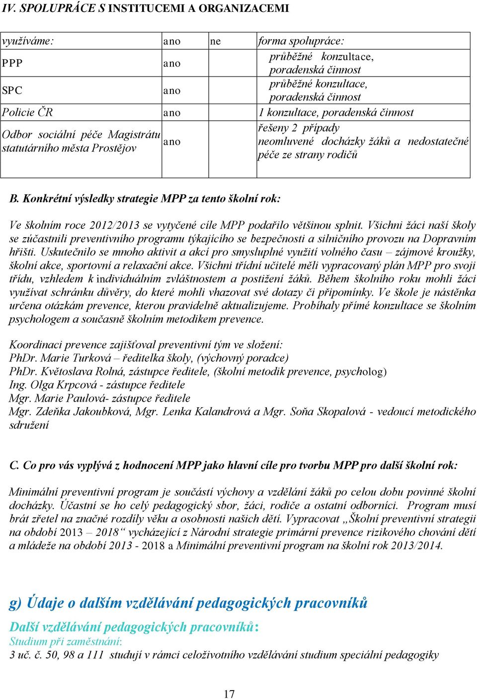 Konkrétní výsledky strategie MPP za tento školní rok: Ve školním roce 2012/2013 se vytyčené cíle MPP podařilo většinou splnit.