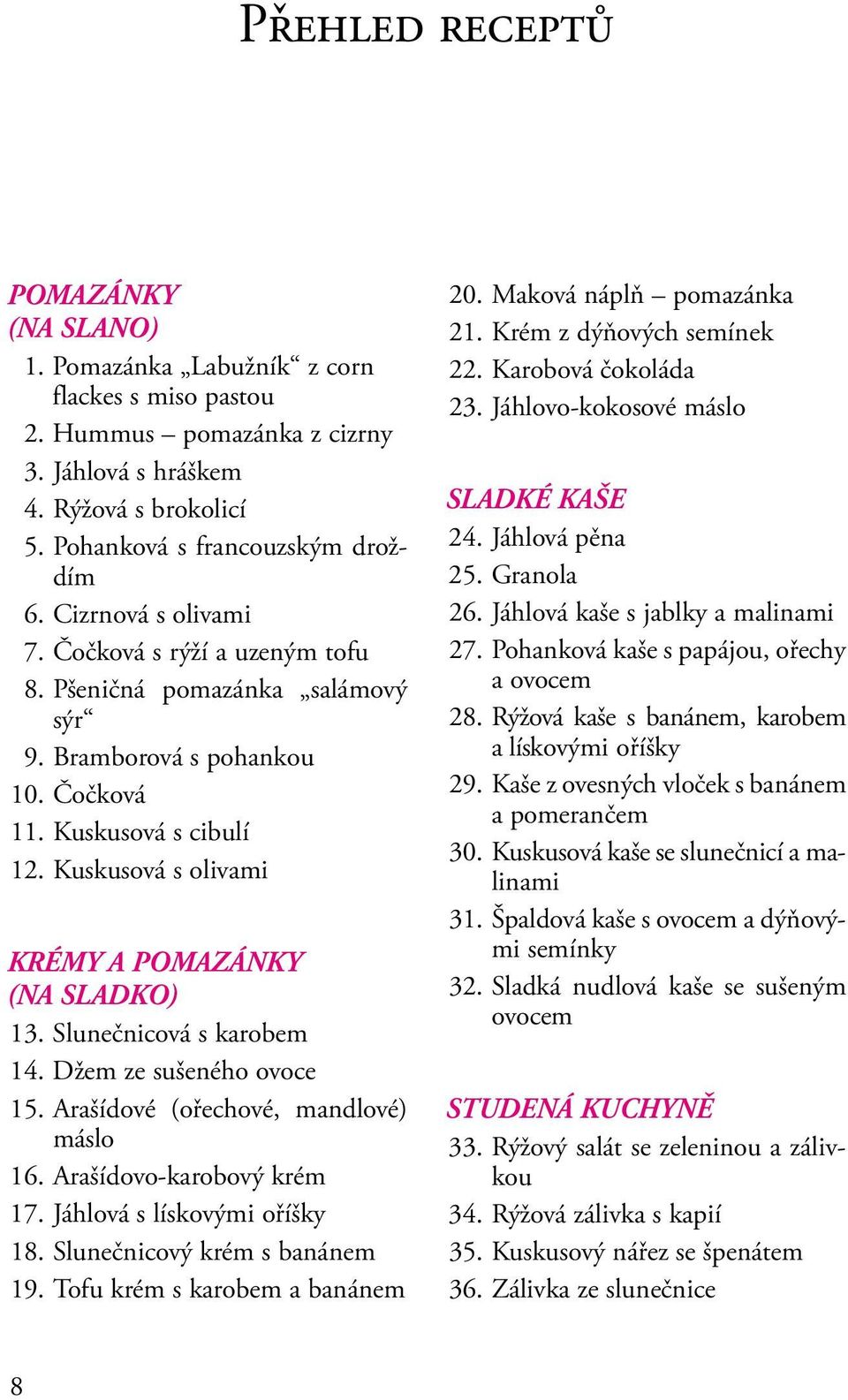 Kuskusová s olivami KRÉMY A POMAZÁNKY (NA SLADKO) 13. Slunečnicová s karobem 14. Džem ze sušeného ovoce 15. Arašídové (ořechové, mandlové) máslo 16. Arašídovo-karobový krém 17.