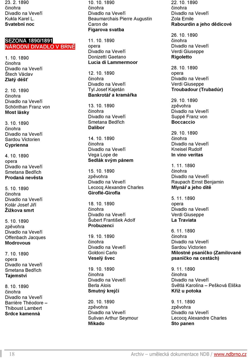 10. 1890 Donizetti Gaetano Lucia di Lammermoor 12. 10. 1890 Bankrotář a kramářka 13. 10. 1890 Dalibor 14. 10. 1890 Vega Lope de Sedlák svým pánem 15. 10. 1890 Lecocq Alexandre Charles Giroflé-Girofla 18.