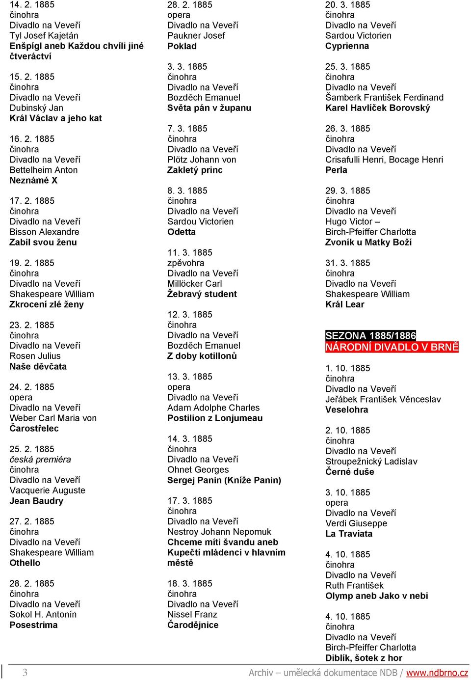 2. 1885 Paukner Josef Poklad 3. 3. 1885 Bozděch Emanuel Světa pán v županu 7. 3. 1885 Plötz Johann von Zakletý princ 8. 3. 1885 Sardou Victorien Odetta 11. 3. 1885 Millöcker Carl Žebravý student 12.