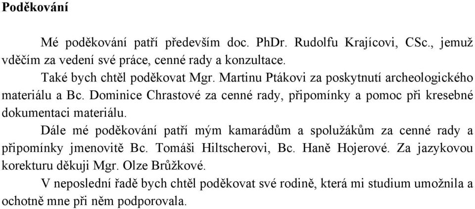 Dominice Chrastové za cenné rady, připomínky a pomoc při kresebné dokumentaci materiálu.