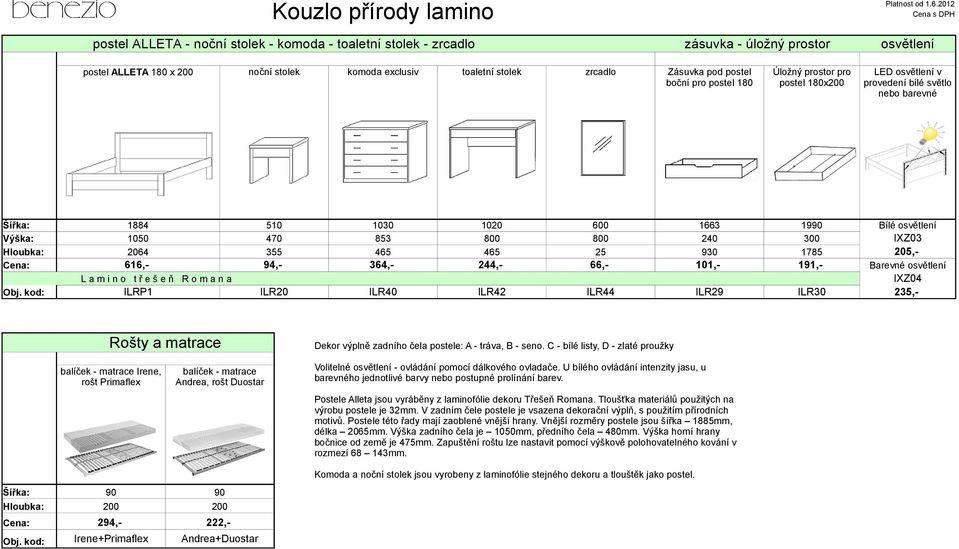 364,- 244,- 66,- 101,- 191,- Barevné osvětlení IXZ04 ILRP1 ILR20 ILR40 ILR42 ILR44 ILR29 ILR30 235,- Rošty a matrace Dekor výplně zadního čela postele: A - tráva, B - seno.