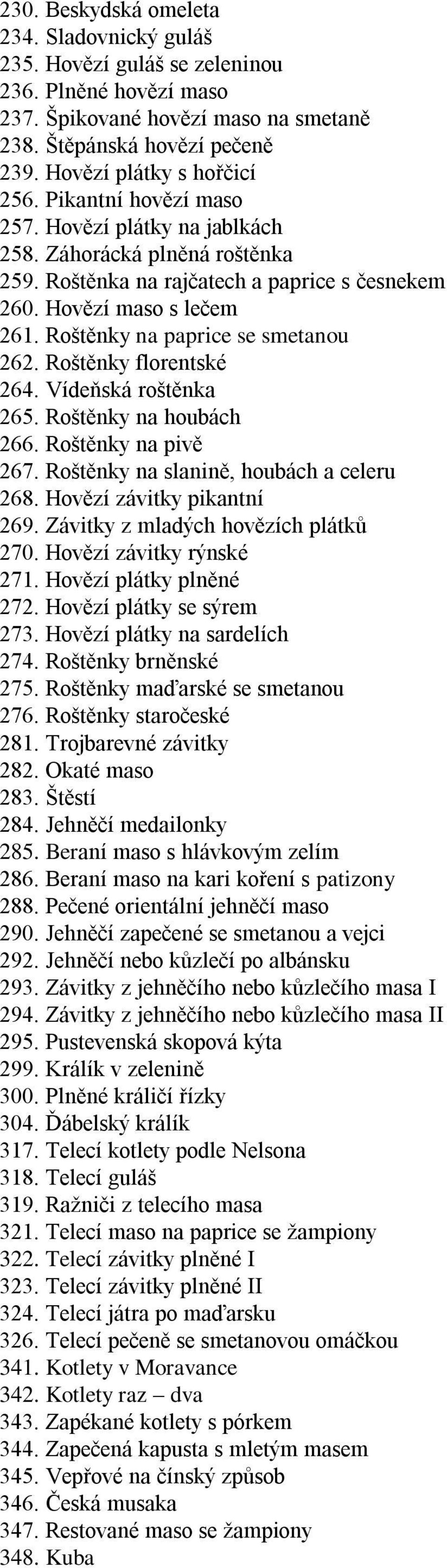 Roštěnky na paprice se smetanou 262. Roštěnky florentské 264. Vídeňská roštěnka 265. Roštěnky na houbách 266. Roštěnky na pivě 267. Roštěnky na slanině, houbách a celeru 268.