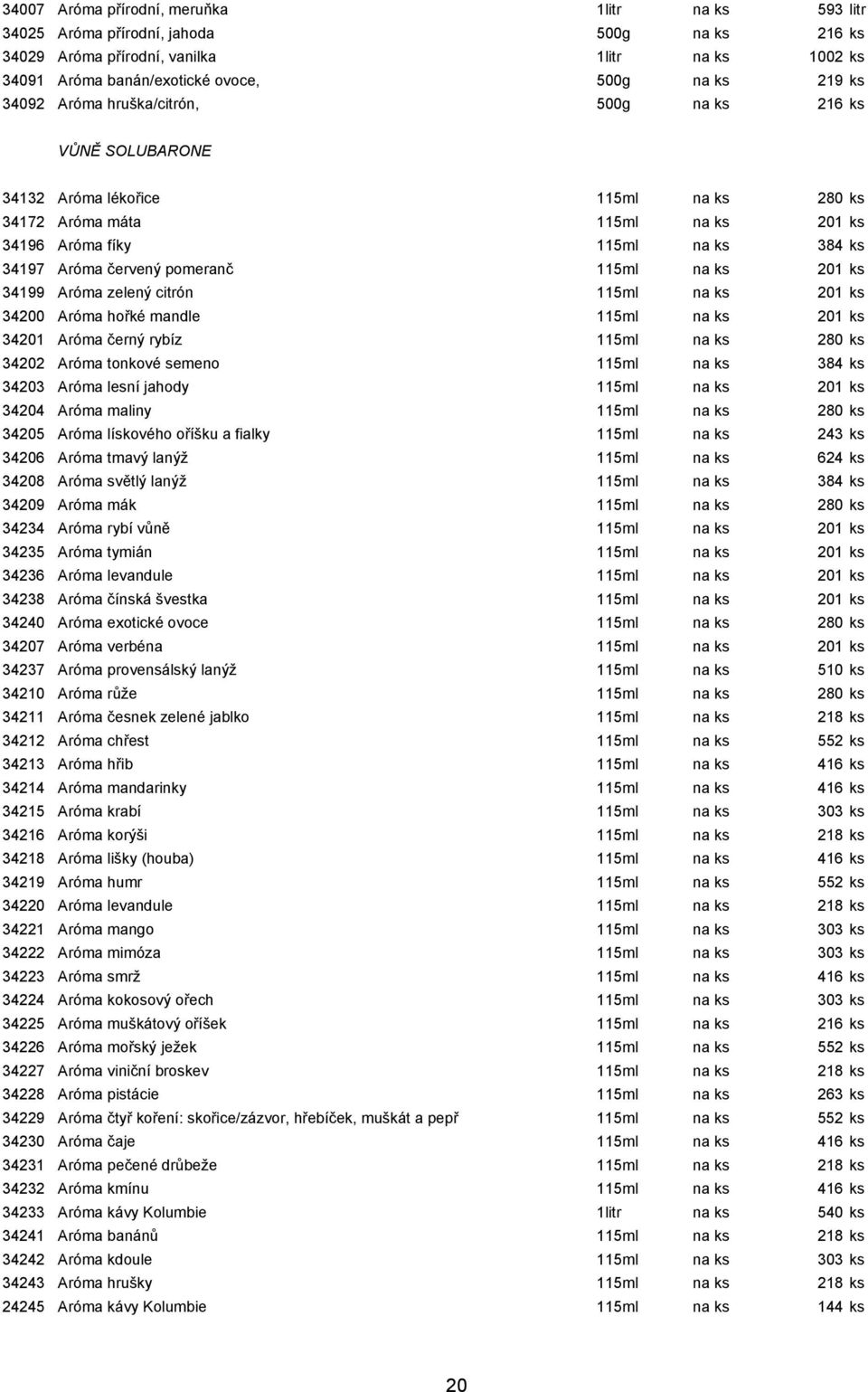 pomeranč 115ml na ks 201 ks 34199 Aróma zelený citrón 115ml na ks 201 ks 34200 Aróma hořké mandle 115ml na ks 201 ks 34201 Aróma černý rybíz 115ml na ks 280 ks 34202 Aróma tonkové semeno 115ml na ks