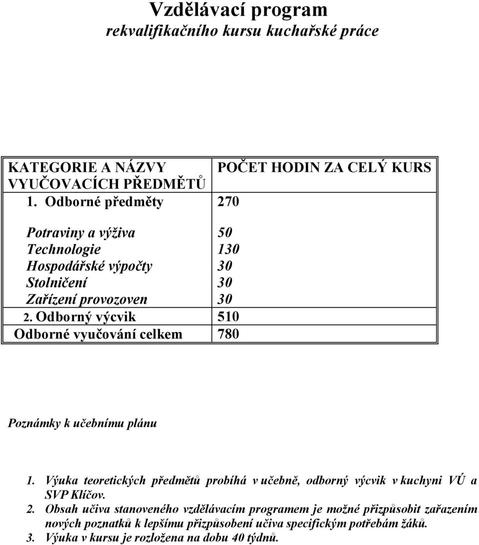 Odborný výcvik 510 Odborné vyučování celkem 780 Poznámky k učebnímu plánu 1.