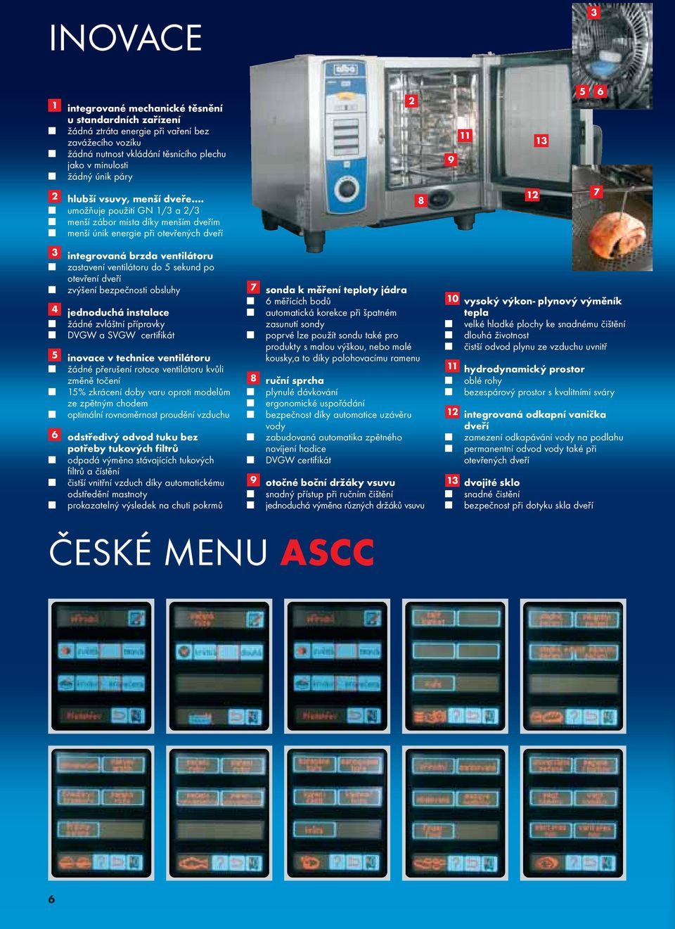 umožňuje použití GN 1/3 a 2/3 menší zábor místa díky menším dveřím menší únik energie při otevřených dveří 3 4 5 6 integrovaná brzda ventilátoru zastavení ventilátoru do 5 sekund po otevření dveří